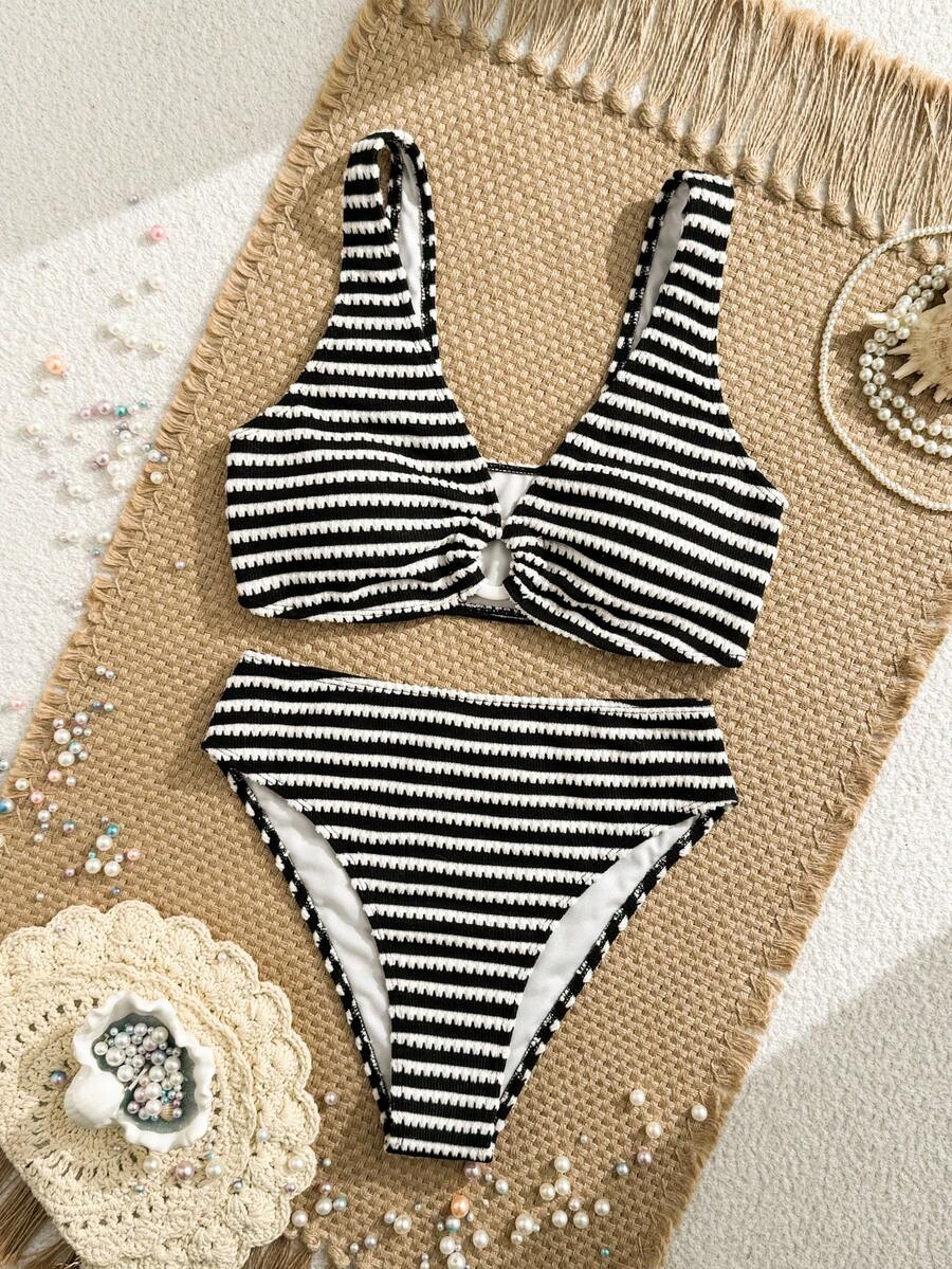 Women's 2-Piece Striped Bikini Set - V-Neck, High Waist, Knot Detail, Multicolor