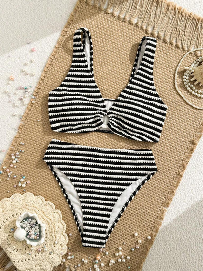 Women's 2-Piece Striped Bikini Set - V-Neck, High Waist, Knot Detail, Multicolor
