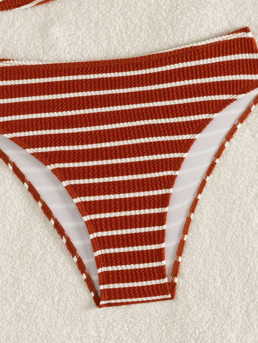 Women's 2-Piece Striped Bikini Set - V-Neck, High Waist, Knot Detail, Multicolor