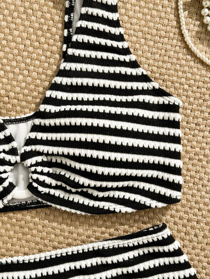 Women's 2-Piece Striped Bikini Set - V-Neck, High Waist, Knot Detail, Multicolor