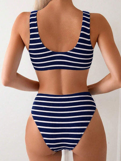Women's 2-Piece Striped Bikini Set - V-Neck, High Waist, Knot Detail, Multicolor