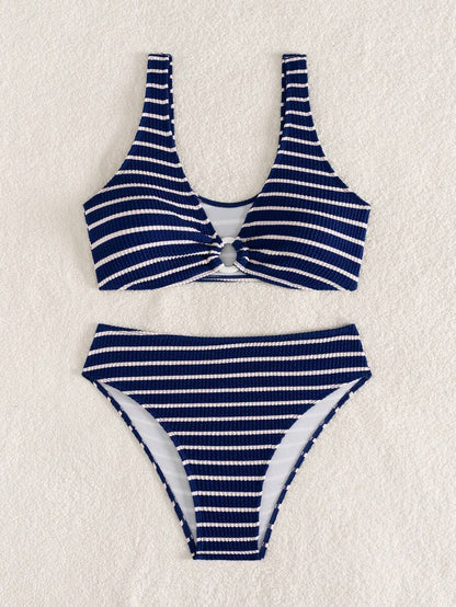 Swim Vcay Women's Summer Beach Striped Fashionable Bikini And Triangle Panty Swimwear Set, Women Vacation Outfit Sets, Beach Outfits For Woman 2 Piece