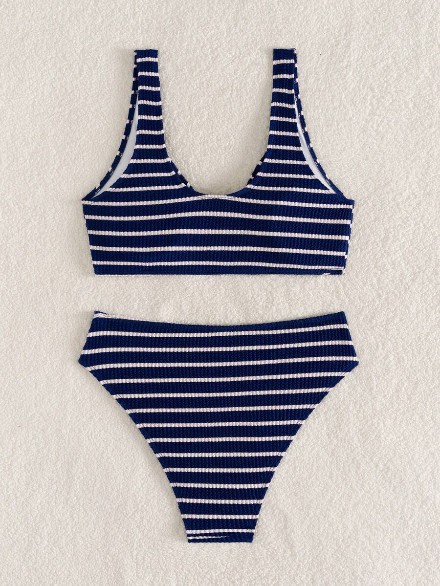 Swim Vcay Women's Summer Beach Striped Fashionable Bikini And Triangle Panty Swimwear Set, Women Vacation Outfit Sets, Beach Outfits For Woman 2 Piece