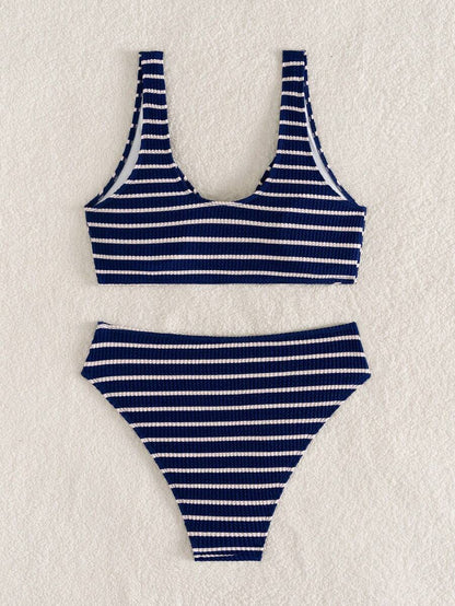 Women's 2-Piece Striped Bikini Set - V-Neck, High Waist, Knot Detail, Multicolor