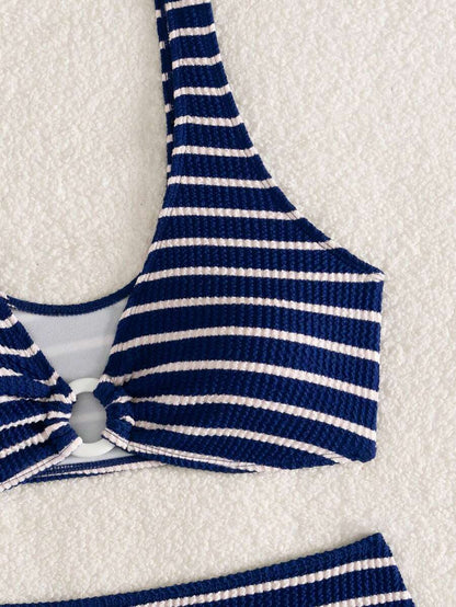 Women's 2-Piece Striped Bikini Set - V-Neck, High Waist, Knot Detail, Multicolor
