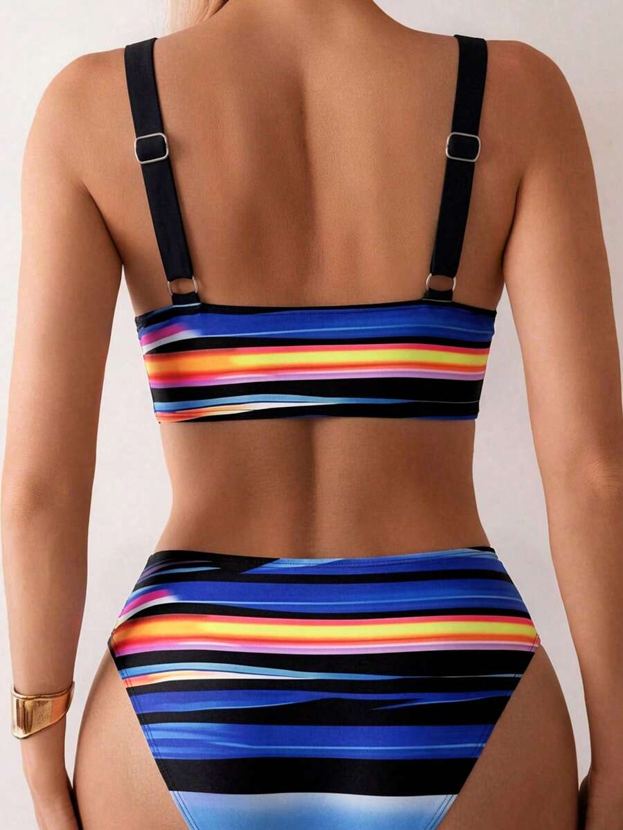 Women's 2-Piece Striped Bikini Set - Cross Wrap Bust, High Waist, Deep V Neck, Blue