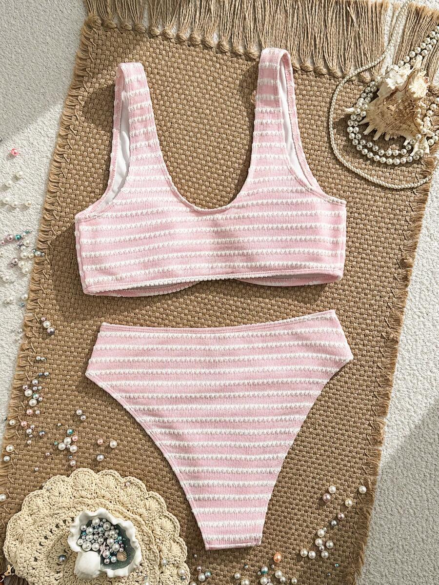 Swim Vcay Women's Summer Beach Striped Fashionable Bikini And Triangle Panty Swimwear Set, Women Vacation Outfit Sets, Beach Outfits For Woman 2 Piece
