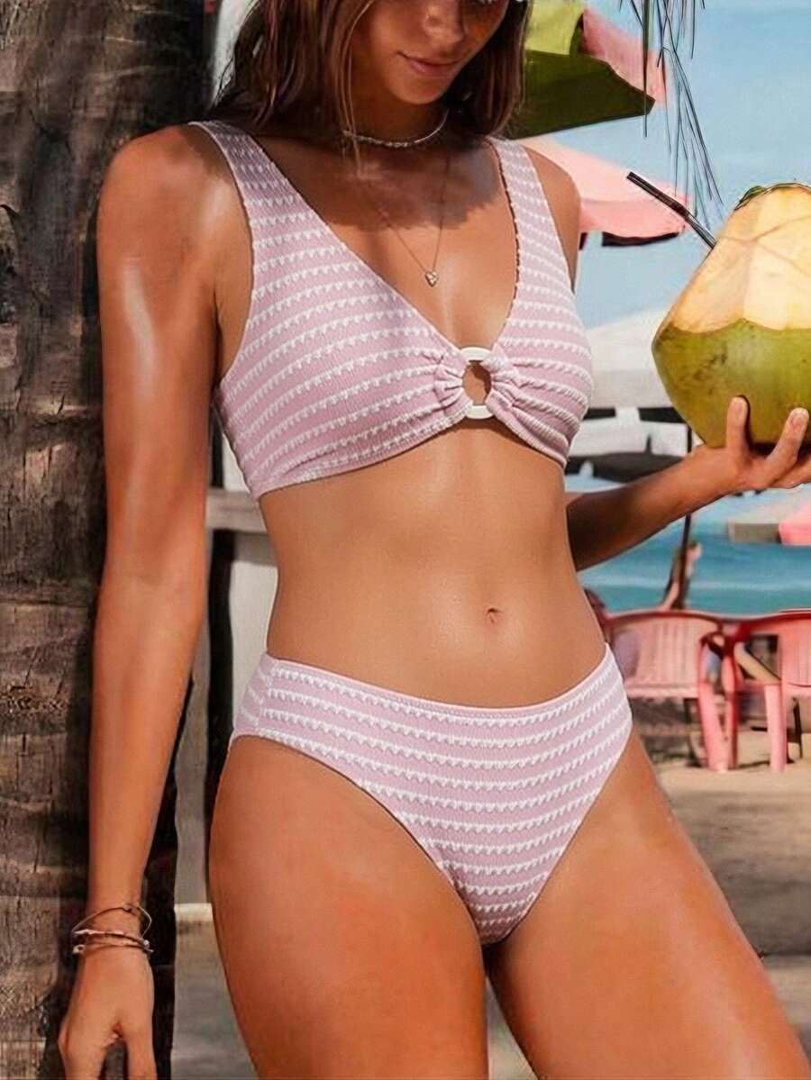 Swim Vcay Women's Summer Beach Striped Fashionable Bikini And Triangle Panty Swimwear Set, Women Vacation Outfit Sets, Beach Outfits For Woman 2 Piece