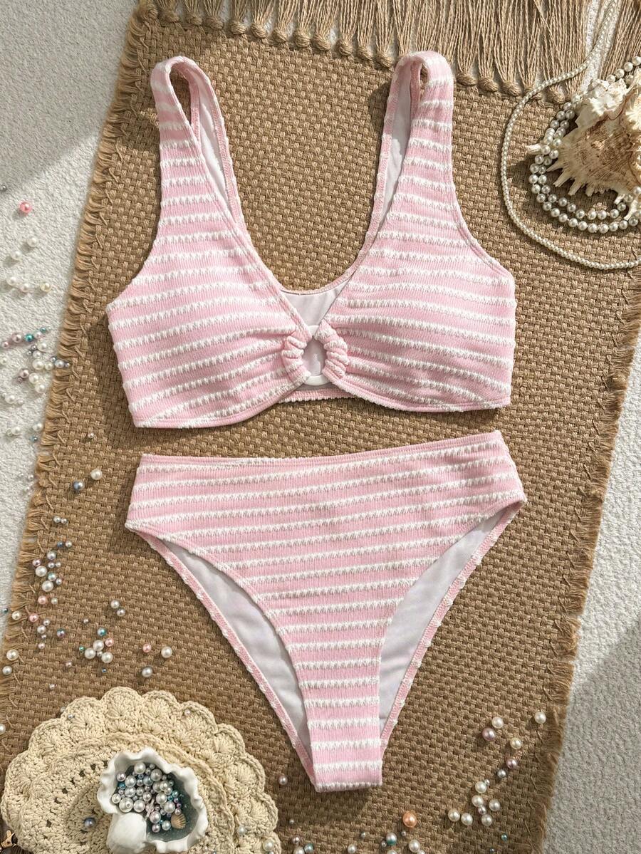 Swim Vcay Women's Summer Beach Striped Fashionable Bikini And Triangle Panty Swimwear Set, Women Vacation Outfit Sets, Beach Outfits For Woman 2 Piece