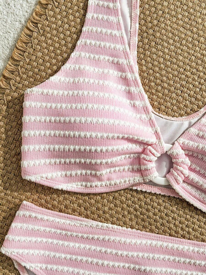 Swim Vcay Women's Summer Beach Striped Fashionable Bikini And Triangle Panty Swimwear Set, Women Vacation Outfit Sets, Beach Outfits For Woman 2 Piece