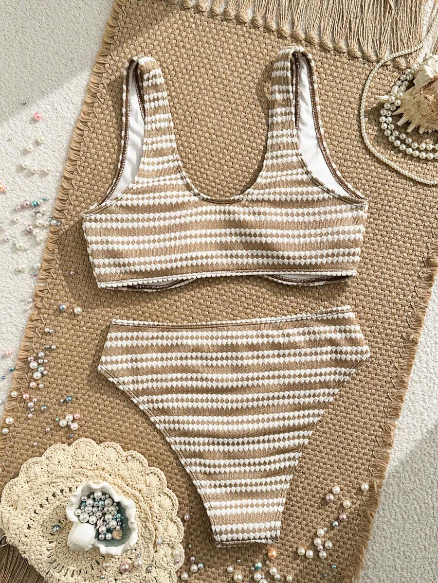 Swim Vcay Women's Summer Beach Striped Fashionable Bikini And Triangle Panty Swimwear Set, Women Vacation Outfit Sets, Beach Outfits For Woman 2 Piece