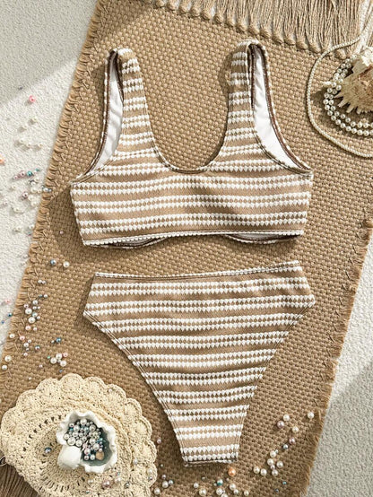 Swim Vcay Women's Summer Beach Striped Fashionable Bikini And Triangle Panty Swimwear Set, Women Vacation Outfit Sets, Beach Outfits For Woman 2 Piece