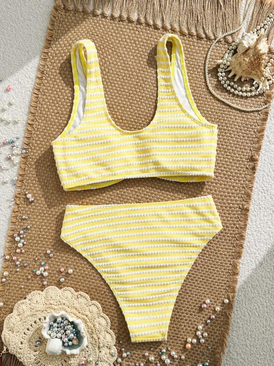 Swim Vcay Women's Summer Beach Striped Fashionable Bikini And Triangle Panty Swimwear Set, Women Vacation Outfit Sets, Beach Outfits For Woman 2 Piece