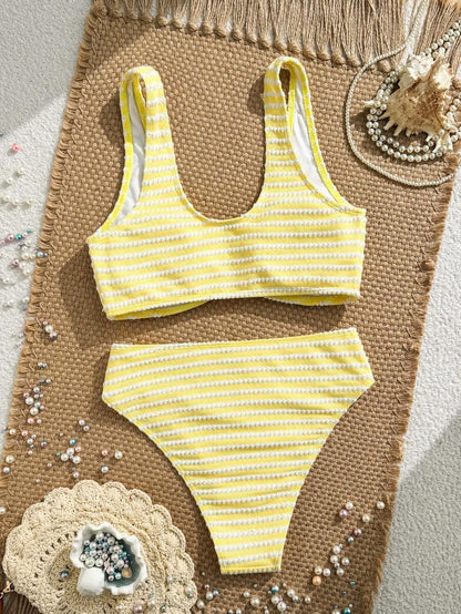 Swim Vcay Women's Summer Beach Striped Fashionable Bikini And Triangle Panty Swimwear Set, Women Vacation Outfit Sets, Beach Outfits For Woman 2 Piece