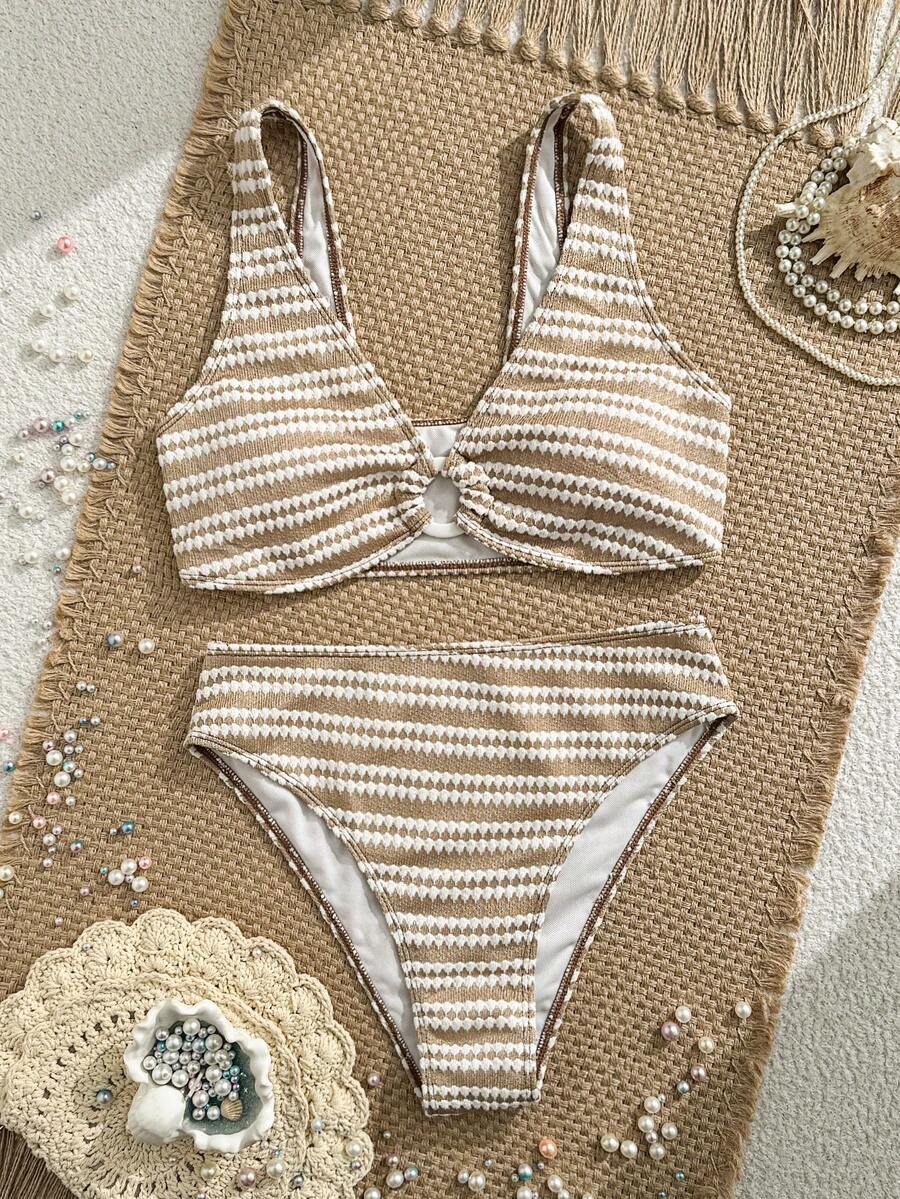 Swim Vcay Women's Summer Beach Striped Fashionable Bikini And Triangle Panty Swimwear Set, Women Vacation Outfit Sets, Beach Outfits For Woman 2 Piece