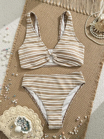 Swim Vcay Women's Summer Beach Striped Fashionable Bikini And Triangle Panty Swimwear Set, Women Vacation Outfit Sets, Beach Outfits For Woman 2 Piece