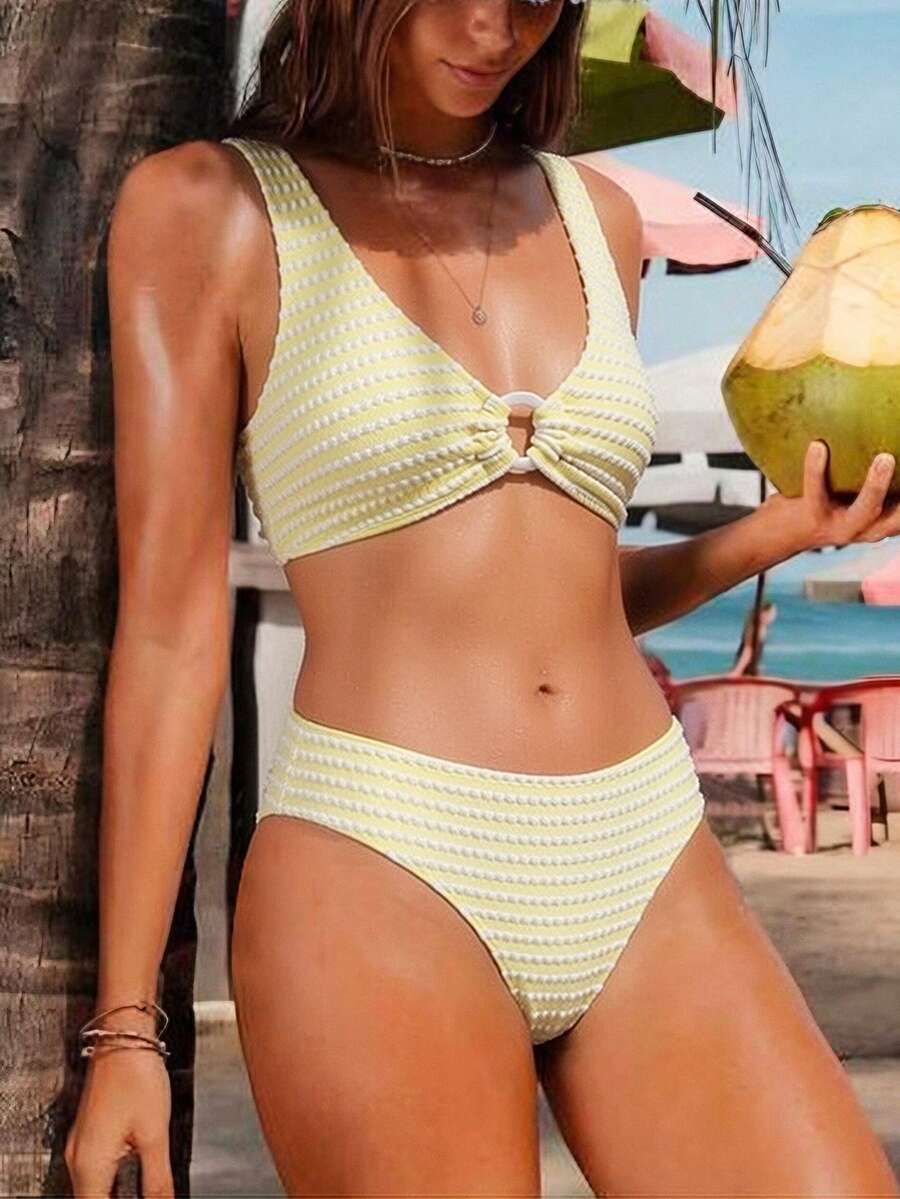 Women's 2-Piece Striped Bikini Set - V-Neck, High Waist, Knot Detail, Multicolor