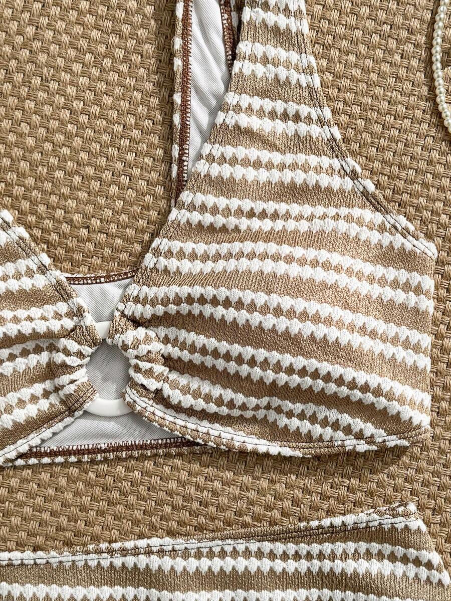 Swim Vcay Women's Summer Beach Striped Fashionable Bikini And Triangle Panty Swimwear Set, Women Vacation Outfit Sets, Beach Outfits For Woman 2 Piece
