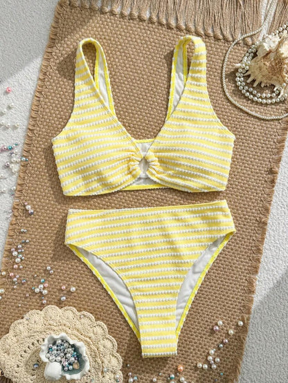 Swim Vcay Women's Summer Beach Striped Fashionable Bikini And Triangle Panty Swimwear Set, Women Vacation Outfit Sets, Beach Outfits For Woman 2 Piece