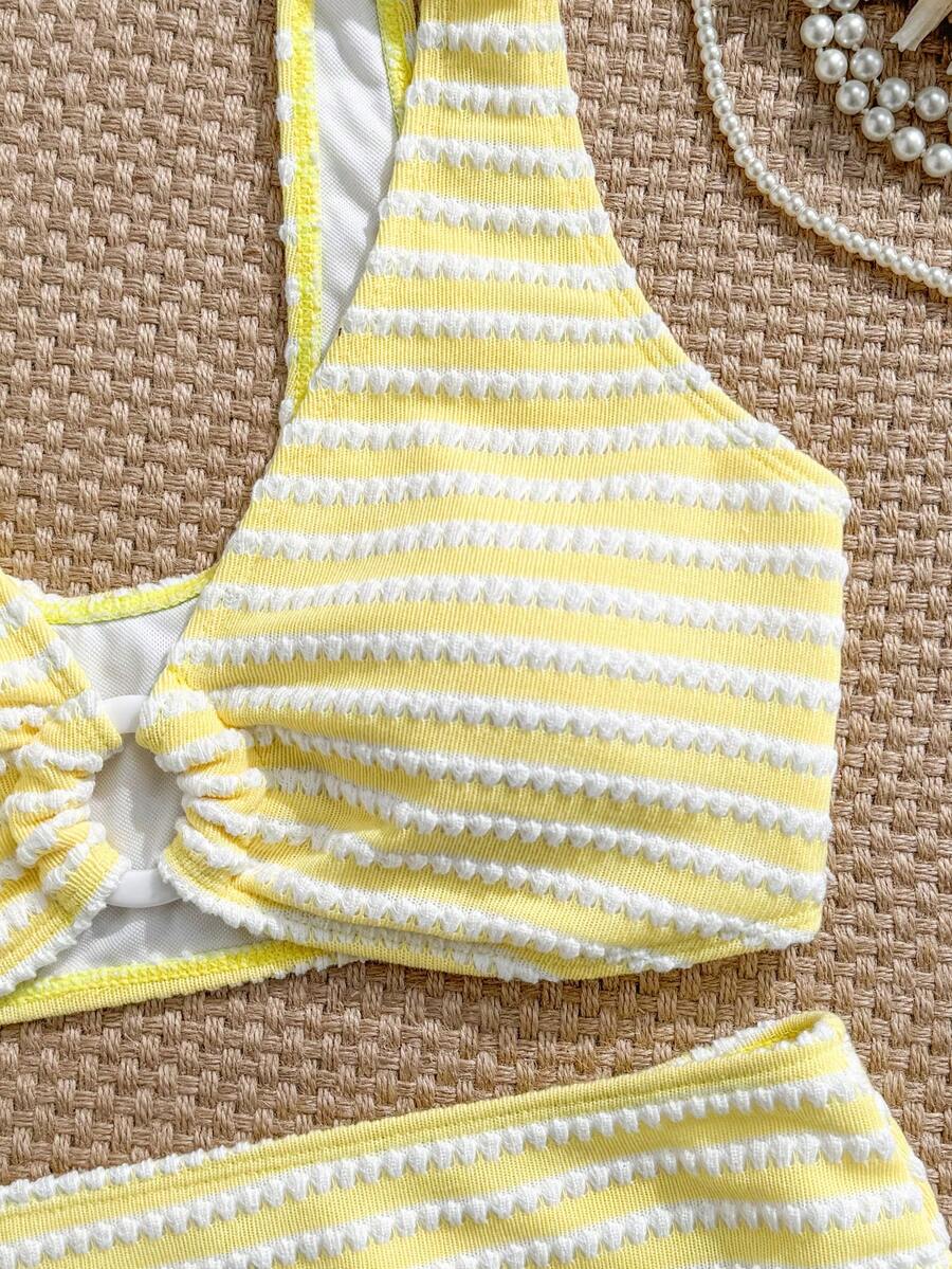 Women's 2-Piece Striped Bikini Set - V-Neck, High Waist, Knot Detail, Multicolor