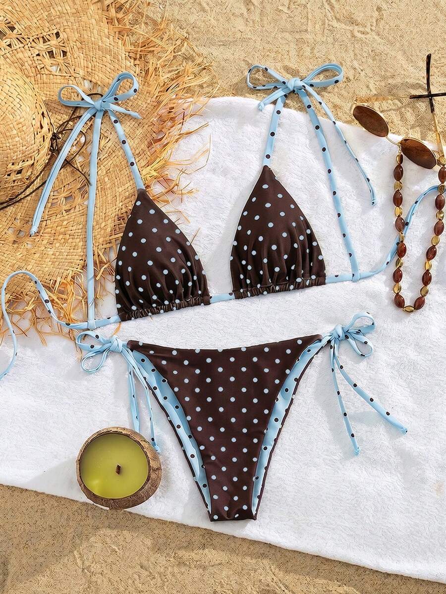 Womens Fashionable Sweet Shoulder Tie Side Bow Bikini Swimwear Removable Padded Two Piece Swimsuit Set