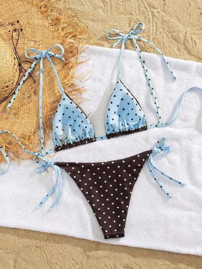 Womens Fashionable Sweet Shoulder Tie Side Bow Bikini Swimwear Removable Padded Two Piece Swimsuit Set