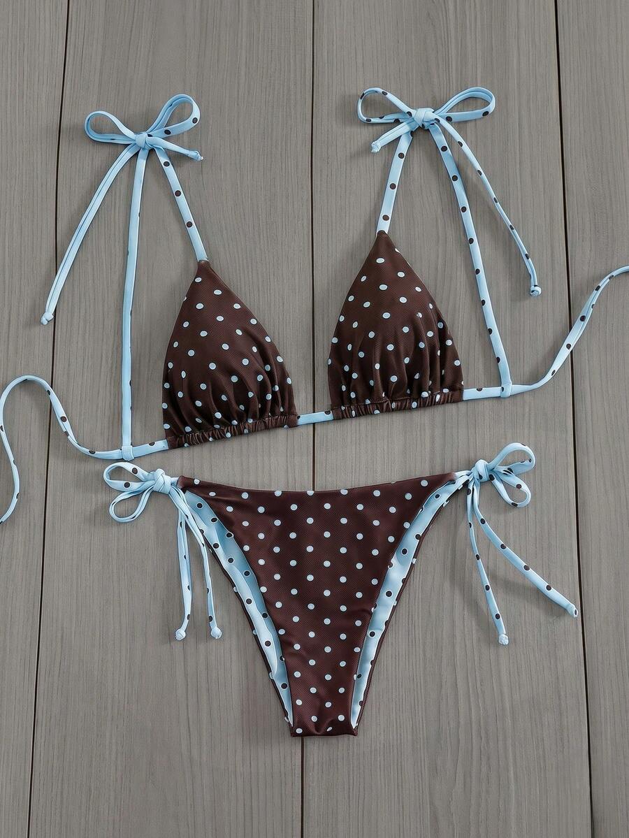 Womens Fashionable Sweet Shoulder Tie Side Bow Bikini Swimwear Removable Padded Two Piece Swimsuit Set