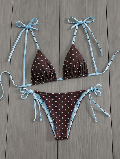 Womens Fashionable Sweet Shoulder Tie Side Bow Bikini Swimwear Removable Padded Two Piece Swimsuit Set