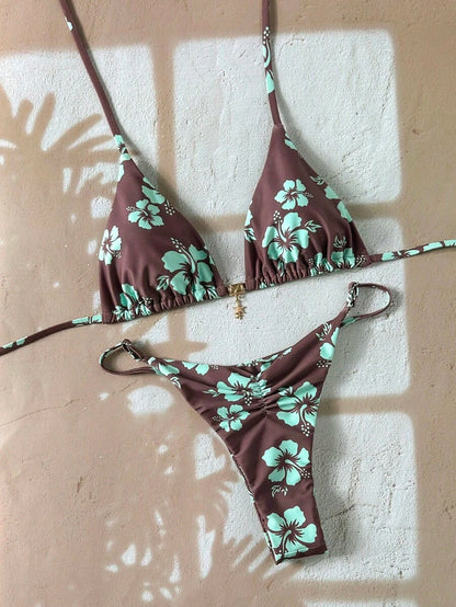 Swim Vcay Women's Tropical Print Two Pieces Bikini Set, Casual Holiday Style, Two Piece Women Sets,Valentine Outfits For Women ,Summer Vacation Outfits