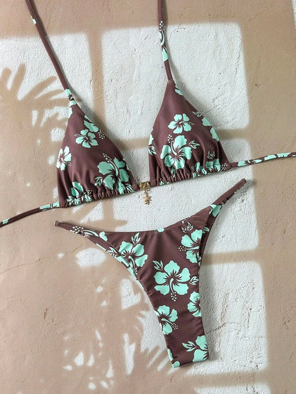 Swim Vcay Women's Tropical Print Two Pieces Bikini Set, Casual Holiday Style, Two Piece Women Sets,Valentine Outfits For Women ,Summer Vacation Outfits