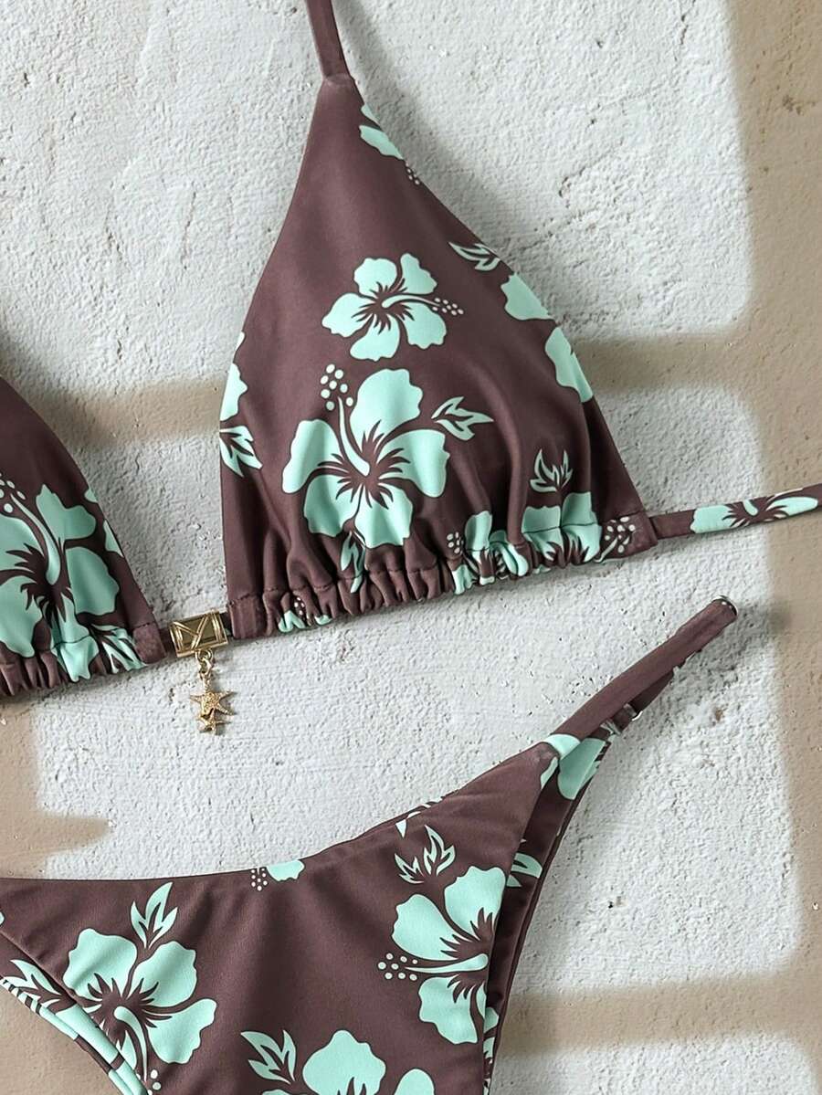 Swim Vcay Women's Tropical Print Two Pieces Bikini Set, Casual Holiday Style, Two Piece Women Sets,Valentine Outfits For Women ,Summer Vacation Outfits