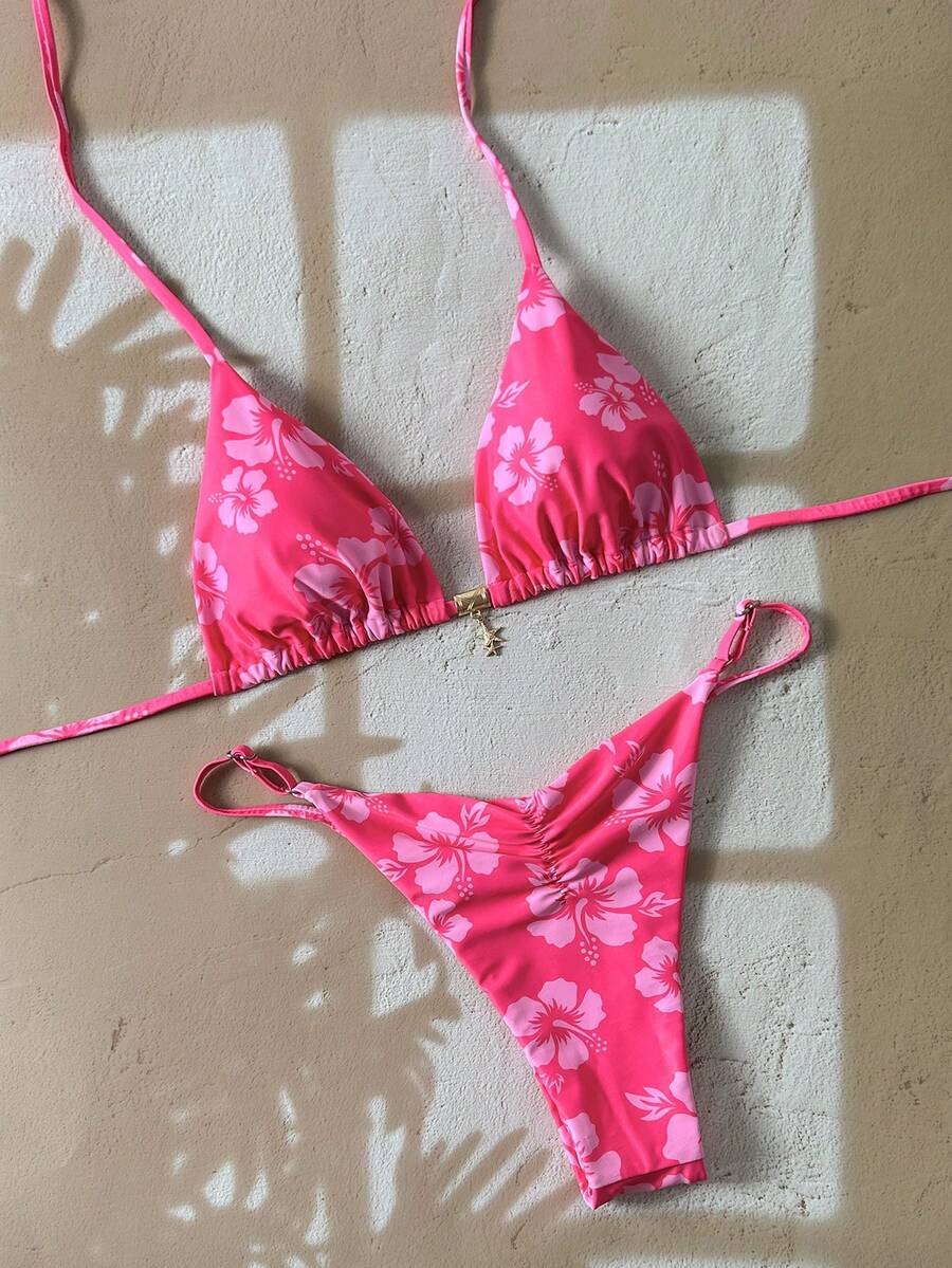 Swim Vcay Women's Tropical Print Two Pieces Bikini Set, Casual Holiday Style, Two Piece Women Sets,Valentine Outfits For Women ,Summer Vacation Outfits