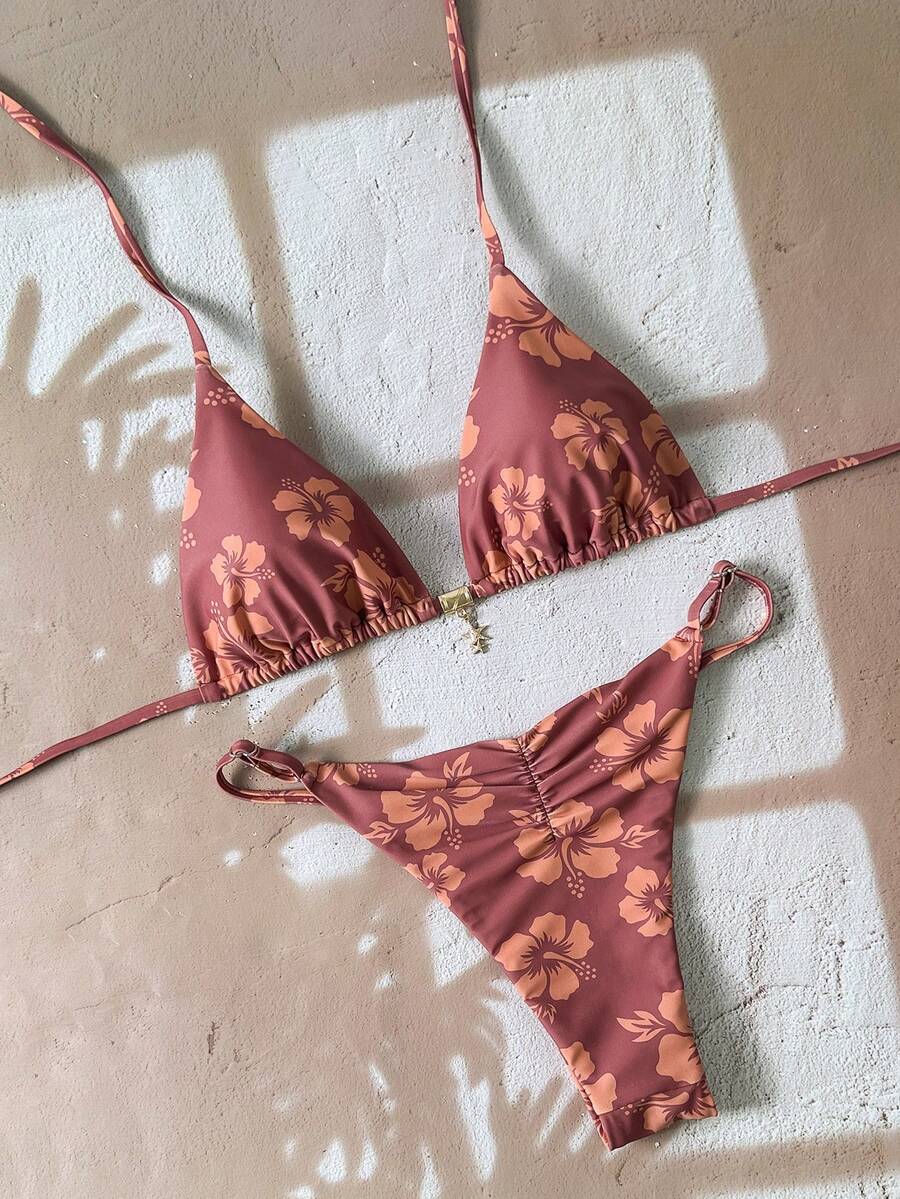 Swim Vcay Women's Tropical Print Two Pieces Bikini Set, Casual Holiday Style, Two Piece Women Sets,Valentine Outfits For Women ,Summer Vacation Outfits
