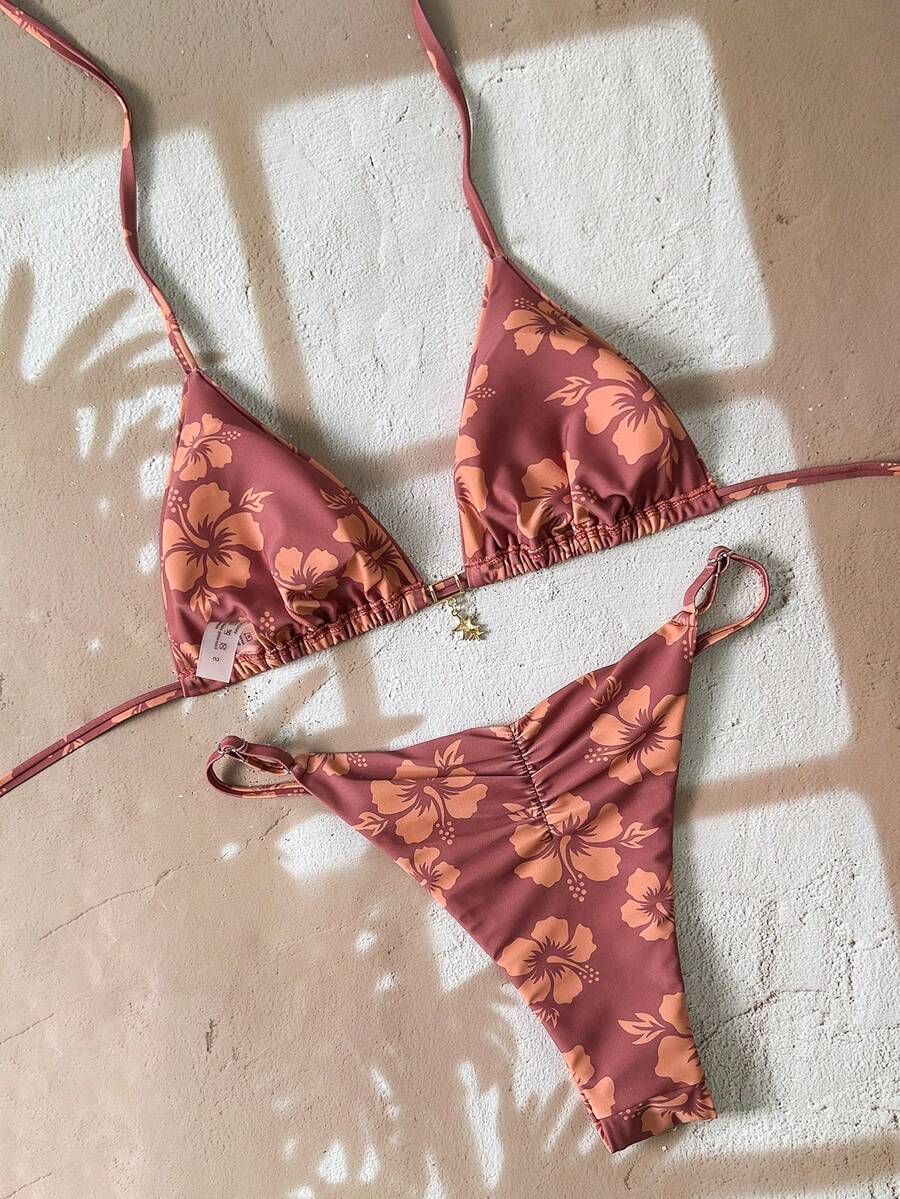 Swim Vcay Women's Tropical Print Two Pieces Bikini Set, Casual Holiday Style, Two Piece Women Sets,Valentine Outfits For Women ,Summer Vacation Outfits