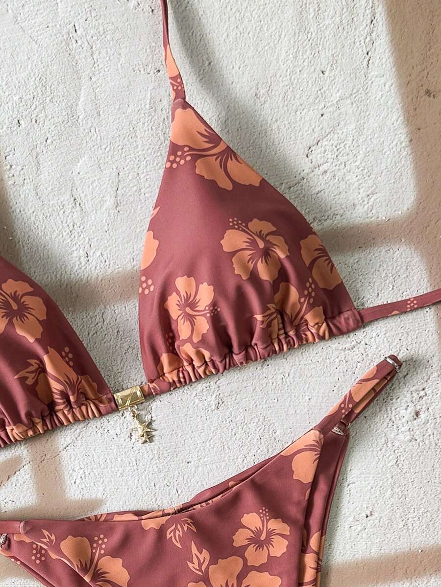 Swim Vcay Women's Tropical Print Two Pieces Bikini Set, Casual Holiday Style, Two Piece Women Sets,Valentine Outfits For Women ,Summer Vacation Outfits
