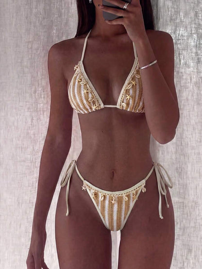 Swim Vcay 2026 Spring/Summer Green Special Fabric Women's Swimwear, Spaghetti Strap Halter Solid Color Sexy Side Tie Thong Bikini Two-Piece Swimwear Teal Bikini Tie Bikini Set Textured Bikini Triangle Bikini Triangle Bikini Set