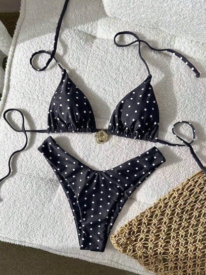 Swim Vcay Women's Solid Color Spaghetti Strap Metal Decor Sexy Bikini Set, Summer