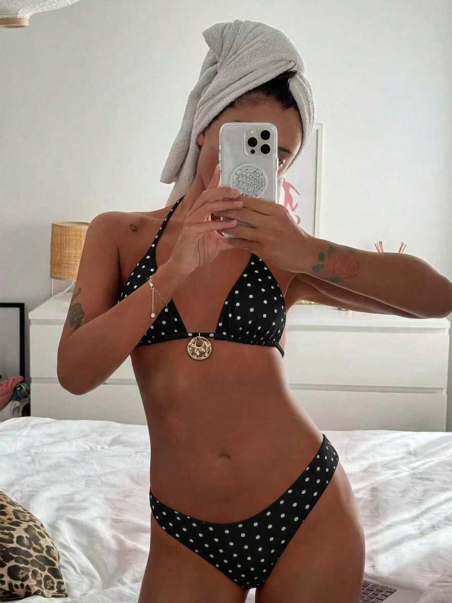 Swim Vcay Women's Solid Color Spaghetti Strap Metal Decor Sexy Bikini Set, Summer