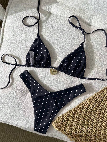 Swim Vcay Women's Solid Color Spaghetti Strap Metal Decor Sexy Bikini Set, Summer