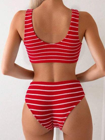 Swim Vcay Women's Summer Beach Striped Fashionable Bikini And Triangle Panty Swimwear Set, Women Vacation Outfit Sets, Beach Outfits For Woman 2 Piece