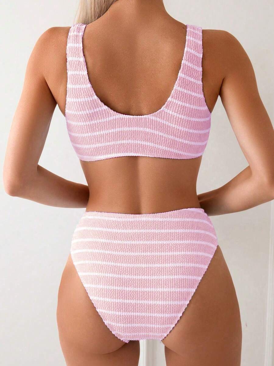 Swim Vcay Women's Summer Beach Striped Fashionable Bikini And Triangle Panty Swimwear Set, Women Vacation Outfit Sets, Beach Outfits For Woman 2 Piece