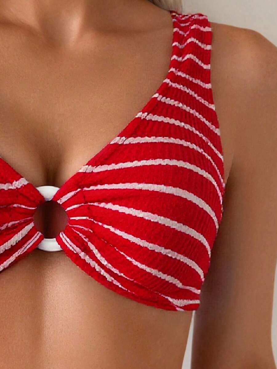 Swim Vcay Women's Summer Beach Striped Fashionable Bikini And Triangle Panty Swimwear Set, Women Vacation Outfit Sets, Beach Outfits For Woman 2 Piece