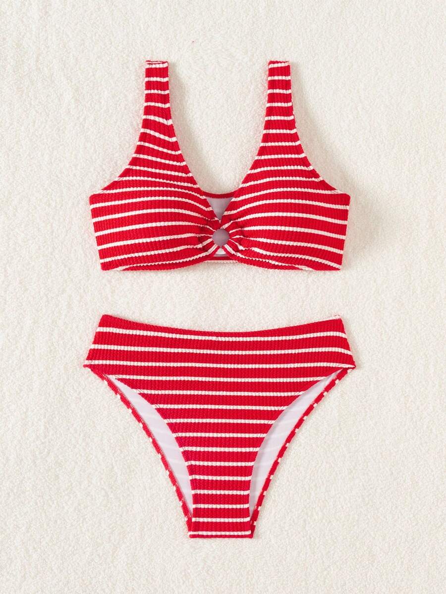 Swim Vcay Women's Summer Beach Striped Fashionable Bikini And Triangle Panty Swimwear Set, Women Vacation Outfit Sets, Beach Outfits For Woman 2 Piece