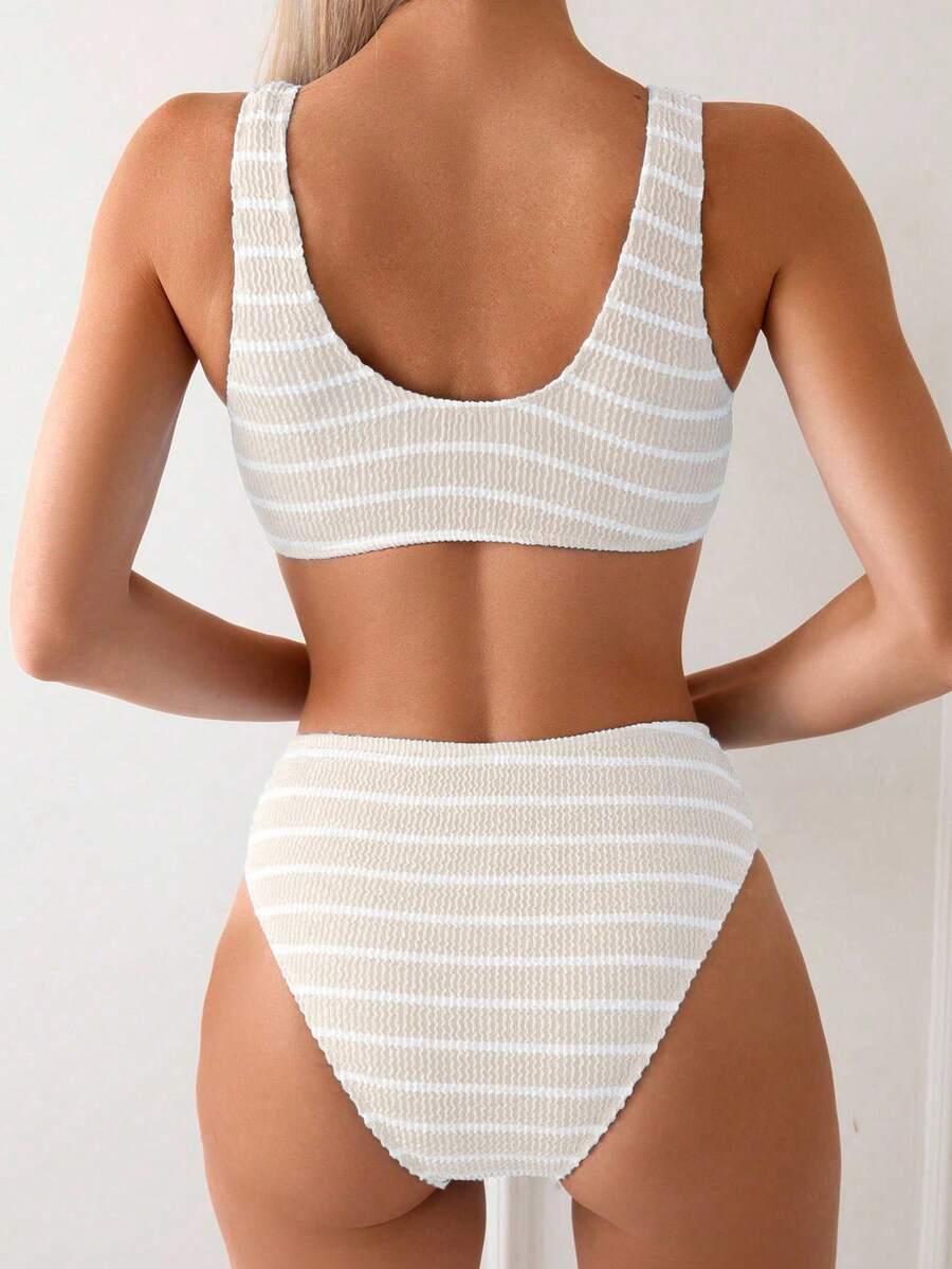Swim Vcay Women's Summer Beach Striped Fashionable Bikini And Triangle Panty Swimwear Set, Women Vacation Outfit Sets, Beach Outfits For Woman 2 Piece