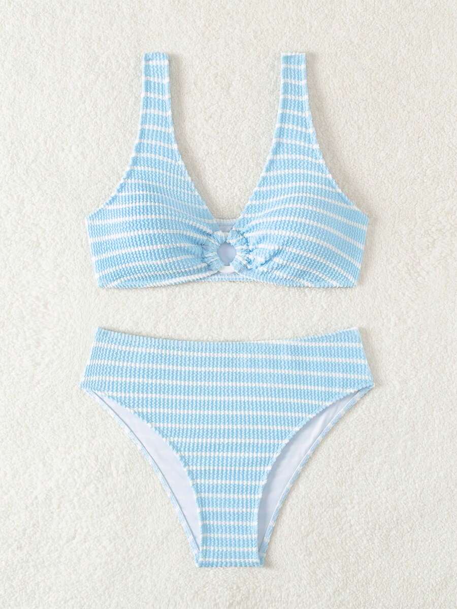Swim Vcay Women's Summer Beach Striped Fashionable Bikini And Triangle Panty Swimwear Set, Women Vacation Outfit Sets, Beach Outfits For Woman 2 Piece