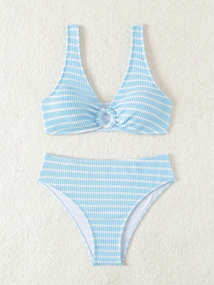 Swim Vcay Women's Summer Beach Striped Fashionable Bikini And Triangle Panty Swimwear Set, Women Vacation Outfit Sets, Beach Outfits For Woman 2 Piece
