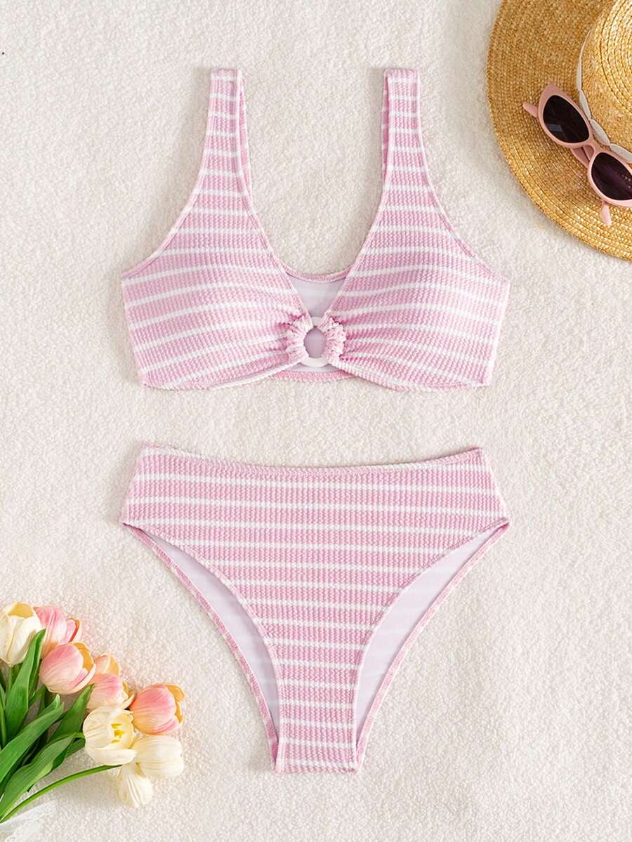 Swim Vcay Women's Summer Beach Striped Fashionable Bikini And Triangle Panty Swimwear Set, Women Vacation Outfit Sets, Beach Outfits For Woman 2 Piece