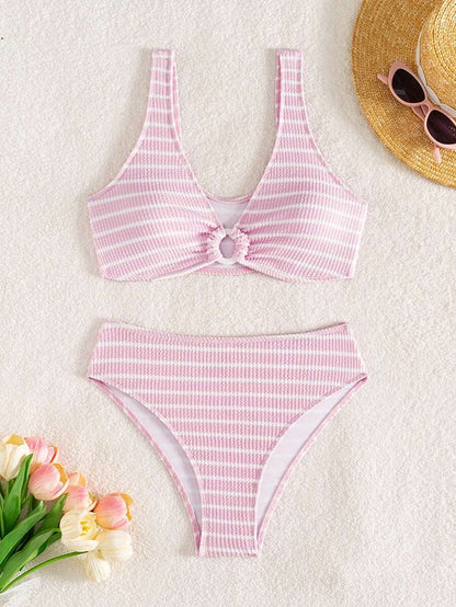 Swim Vcay Women's Summer Beach Striped Fashionable Bikini And Triangle Panty Swimwear Set, Women Vacation Outfit Sets, Beach Outfits For Woman 2 Piece