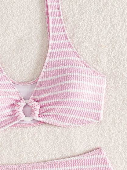 Swim Vcay Women's Summer Beach Striped Fashionable Bikini And Triangle Panty Swimwear Set, Women Vacation Outfit Sets, Beach Outfits For Woman 2 Piece