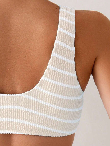 Swim Vcay Women's Summer Beach Striped Fashionable Bikini And Triangle Panty Swimwear Set, Women Vacation Outfit Sets, Beach Outfits For Woman 2 Piece